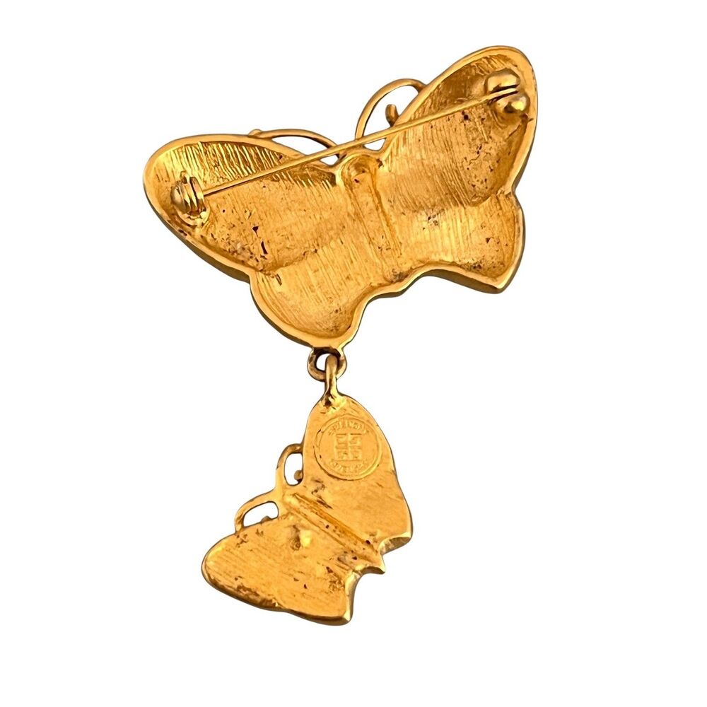Vintage 1980s Givenchy Butterfly Brooch Gold Tone Crystal Dangle - 7Y - Picture 2 of 3